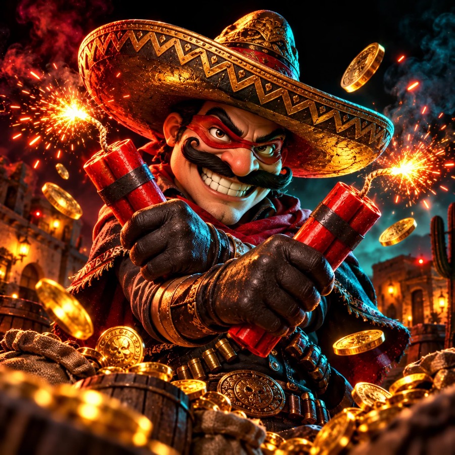 Grinning bandit slot character holding lit dynamite among gold coins