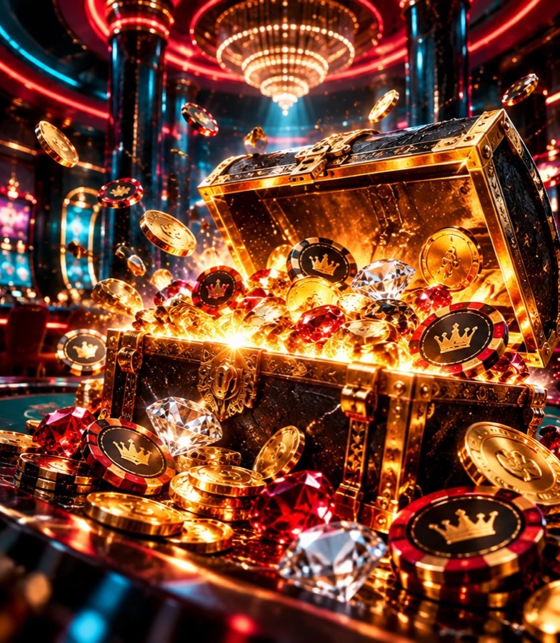 Treasure chest overflowing with gold coins, casino chips and diamonds
