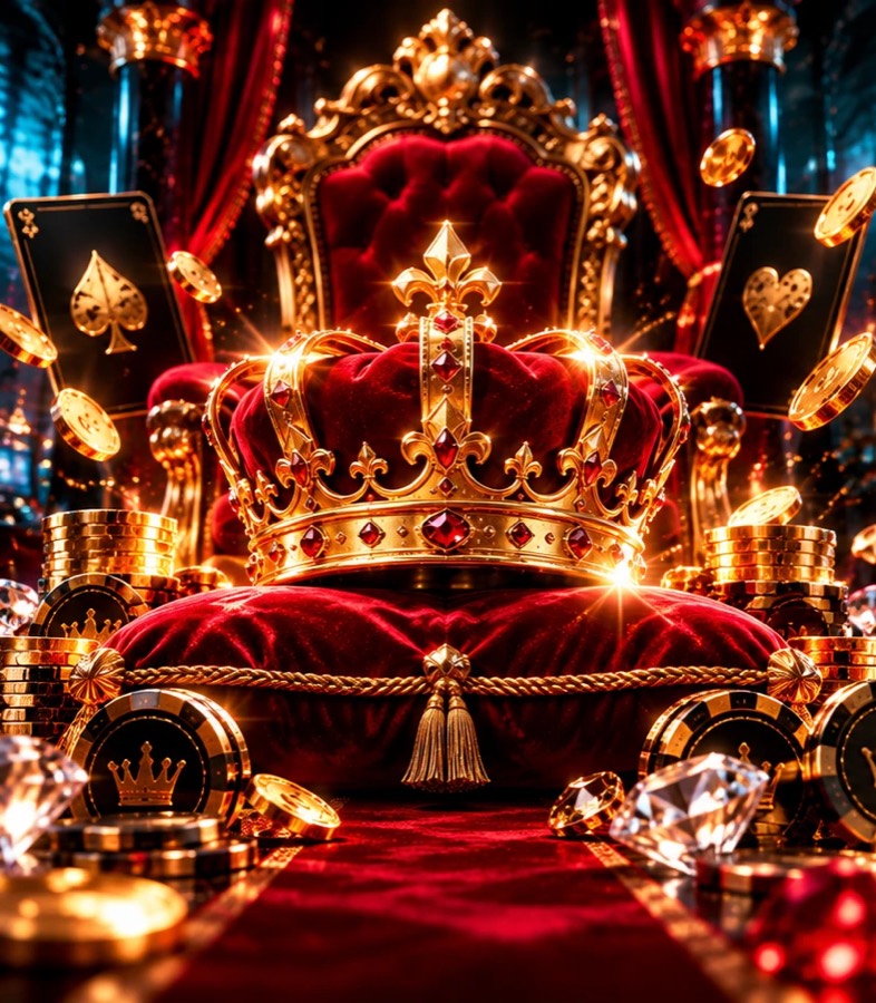 Golden crown on a red velvet cushion with playing cards and casino chips