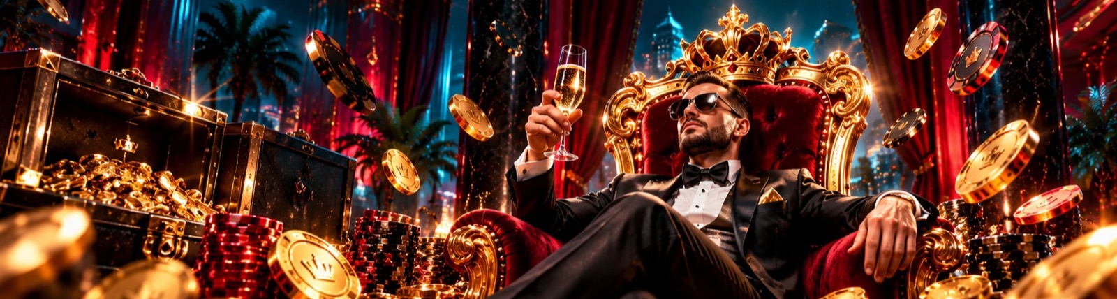 VIP player with champagne on a golden throne surrounded by casino chips